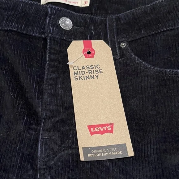 Levis Corduroy Black Classic Mid Rise Skinny Corduroy Jeans Pants size 30 and 31 - Picture 2 of 11